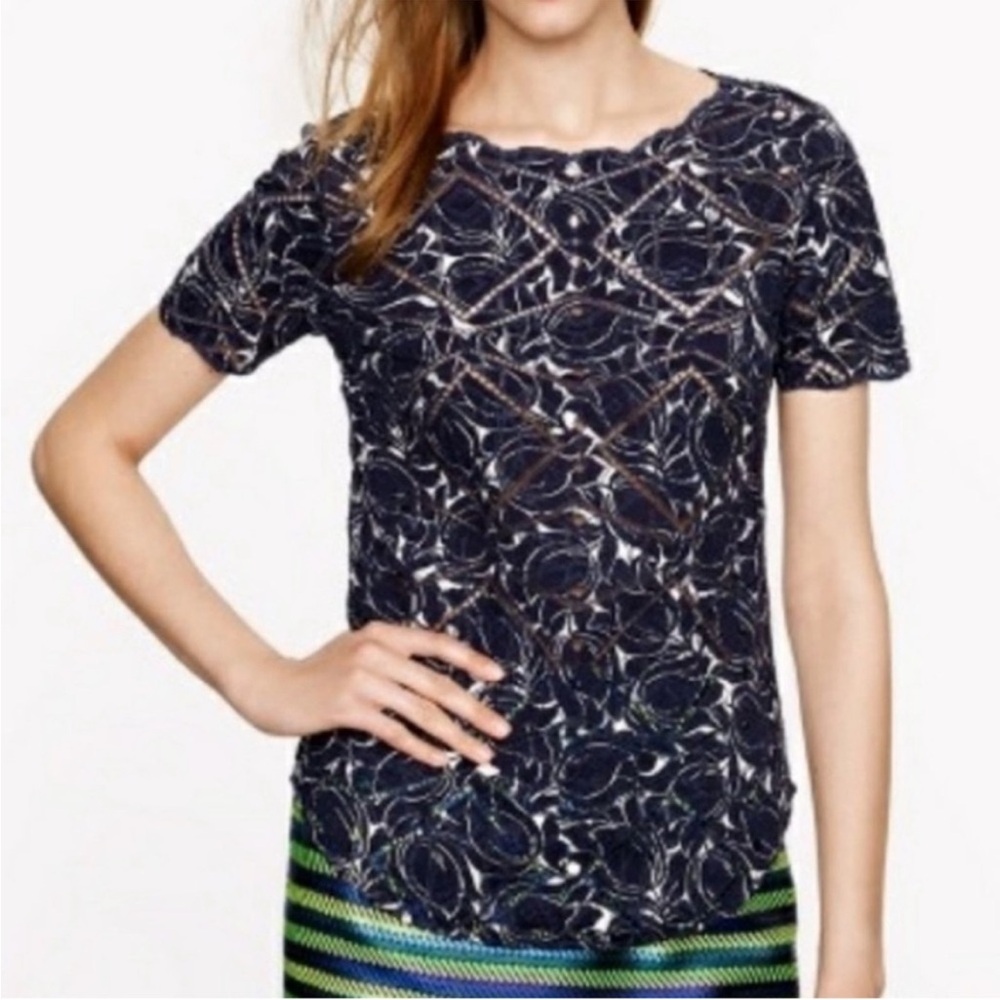 J. Crew Navy Short-Sleeve Abstract Lace Top
